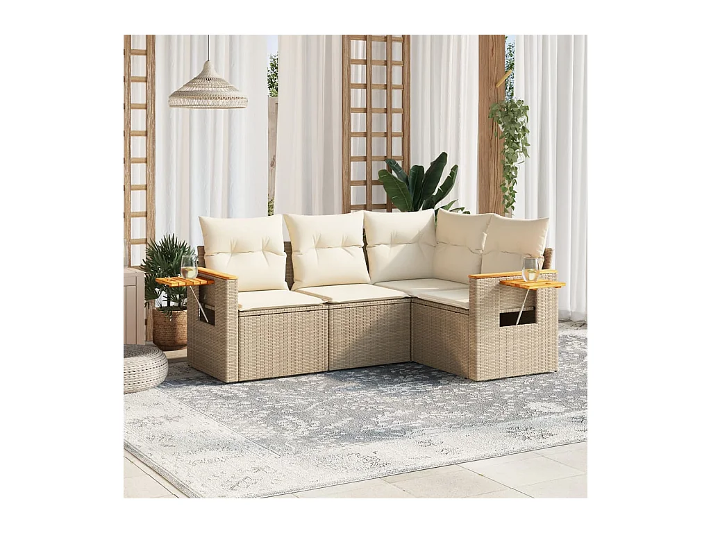 4-delige Loungeset met kussens poly rattan beige