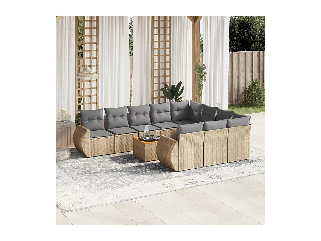 Salon de jardin 11 pcs avec coussins beige résine tressée