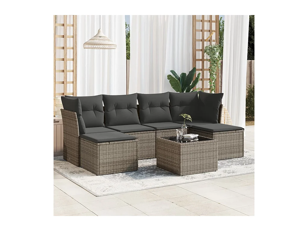 7-delige Loungeset met kussens poly rattan grijs