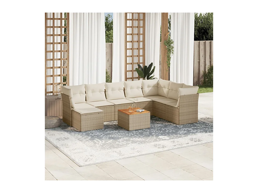 Salon de jardin avec coussins 9 pcs beige résine tressée