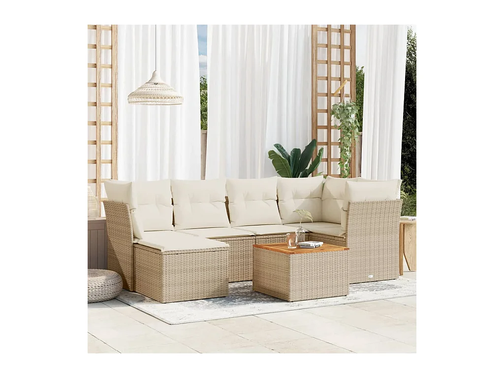 7-delige Loungeset met kussens poly rattan beige