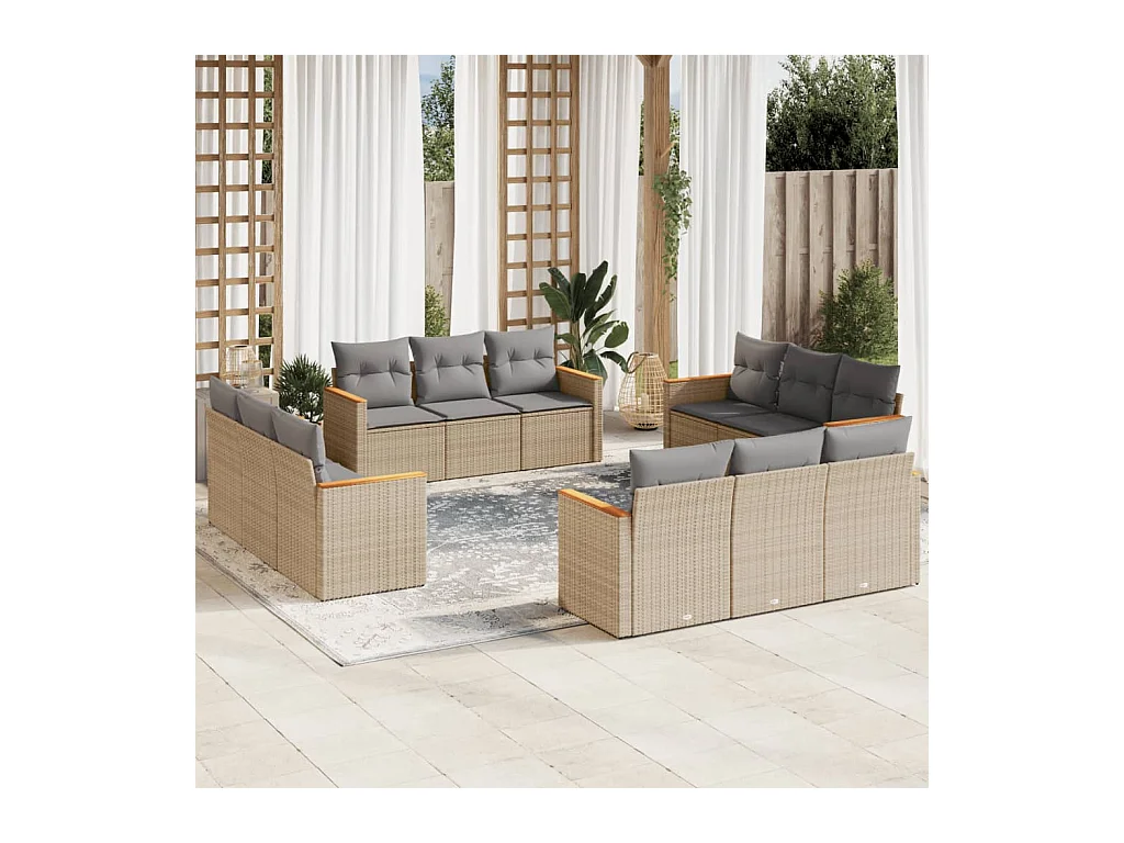 12-delige Loungeset met kussens poly rattan beige