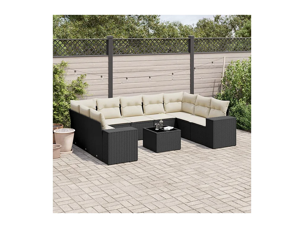 Salon de jardin 10 pcs avec coussins noir résine tressée
