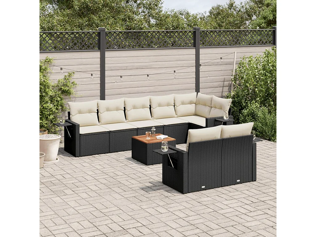 Set Divani da Giardino 9 pz con Cuscini Nero in Polyrattan