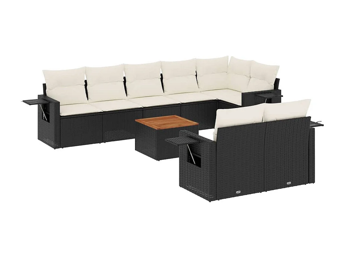 9 pcs conjunto de sofás p/ jardim c/ almofadões vime PE preto