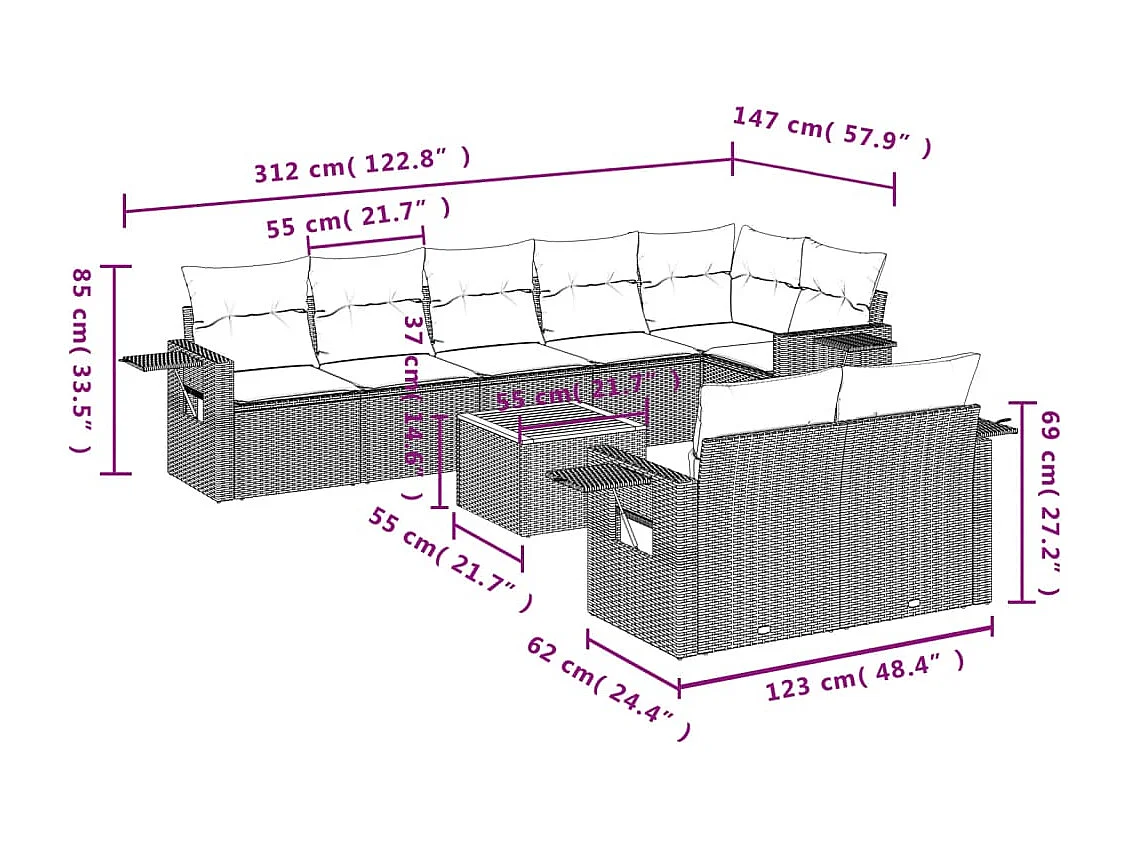 9 pcs conjunto de sofás p/ jardim c/ almofadões vime PE preto
