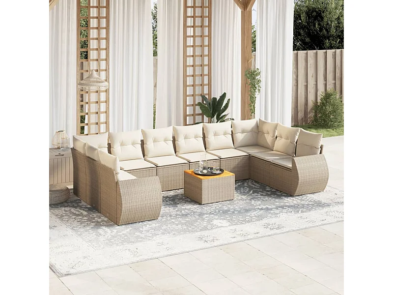 11-tlg. Garten-Sofagarnitur mit Kissen Beige Poly Rattan