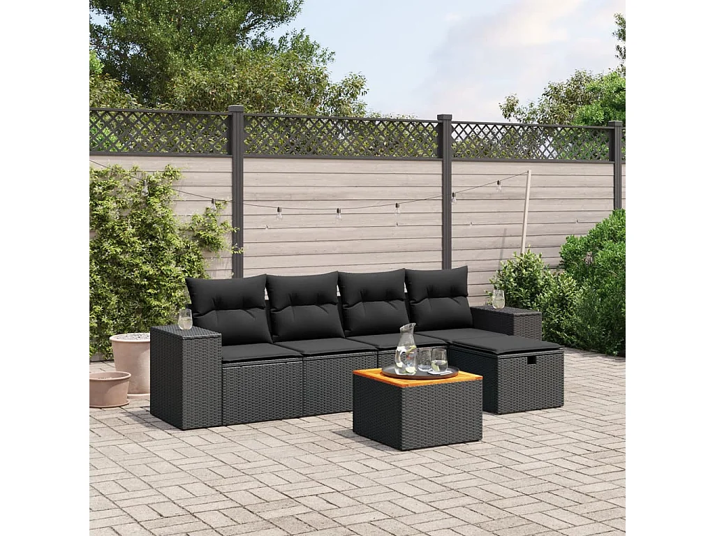 Set Divano da Giardino 6 pz con Cuscini Nero in Polyrattan