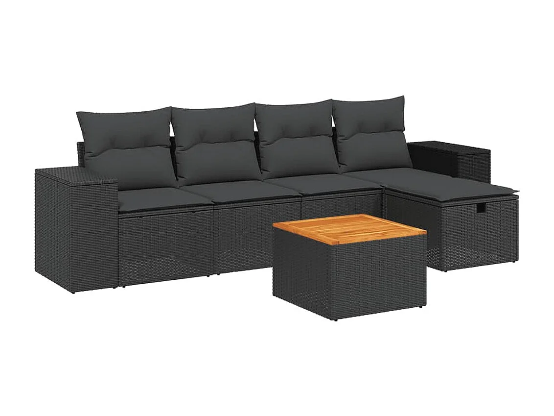 Set Divano da Giardino 6 pz con Cuscini Nero in Polyrattan
