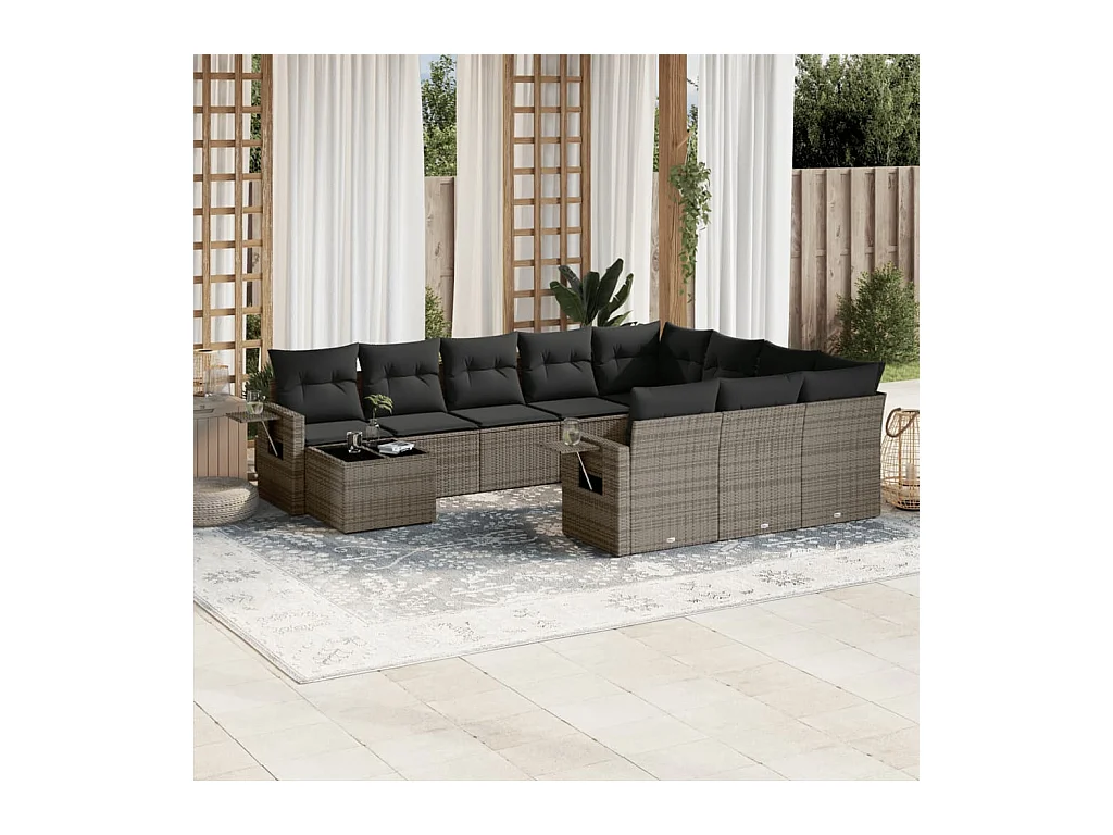 Salon de jardin 11 pcs avec coussins gris résine tressée