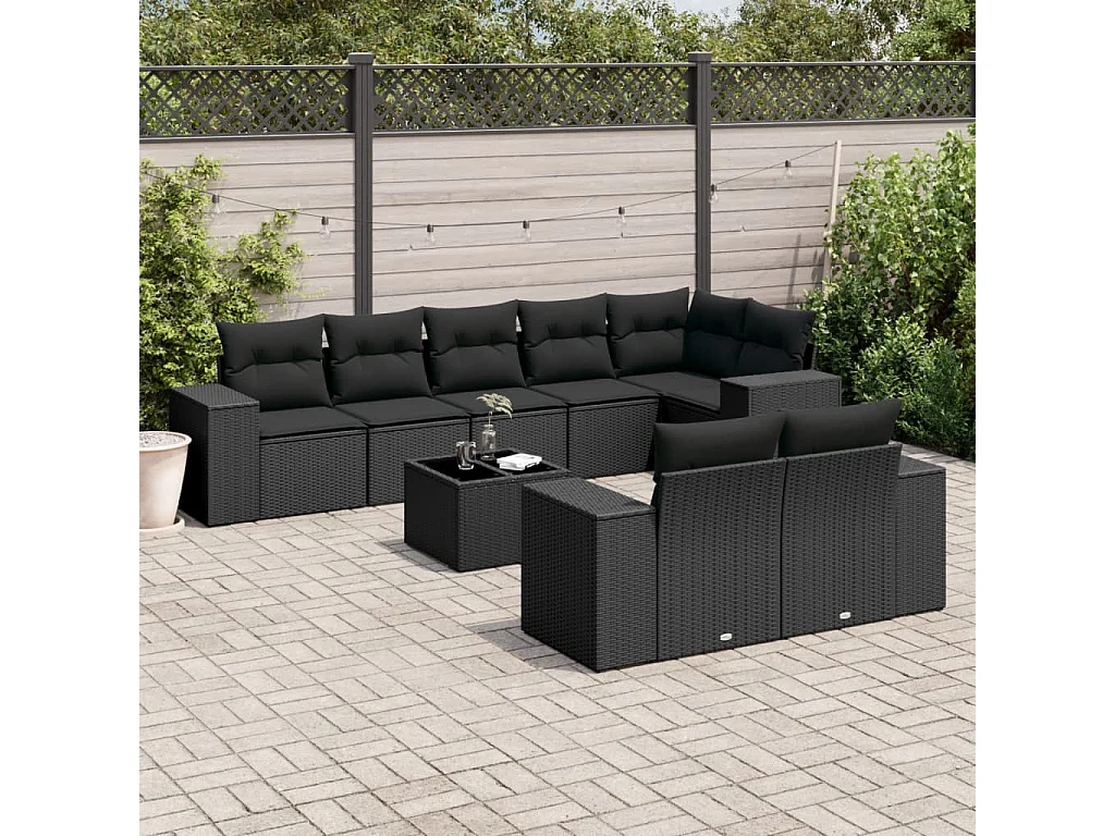 Salon de jardin 9 pcs avec coussins noir résine tressée