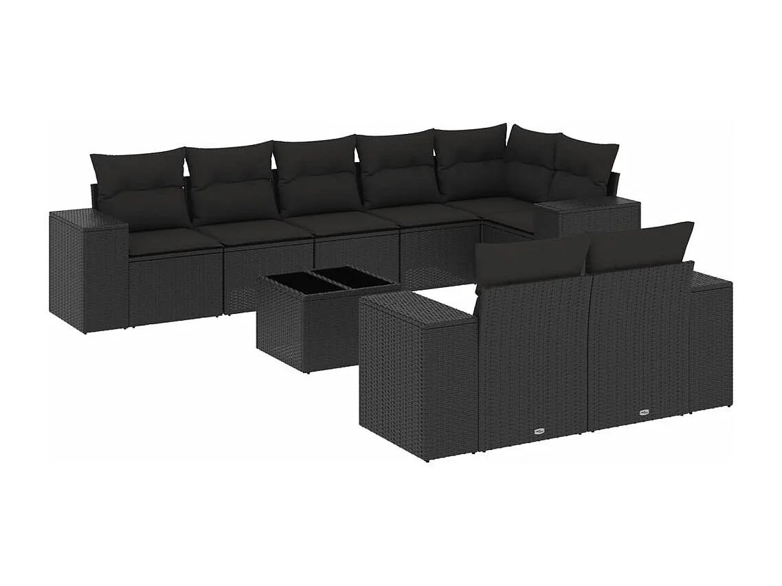 Salon de jardin 9 pcs avec coussins noir résine tressée