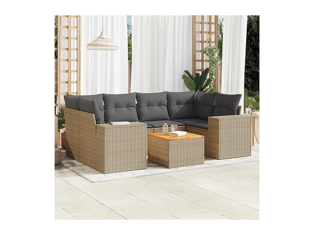 Set Divani da Giardino 7 pz con Cuscini Beige in Polyrattan