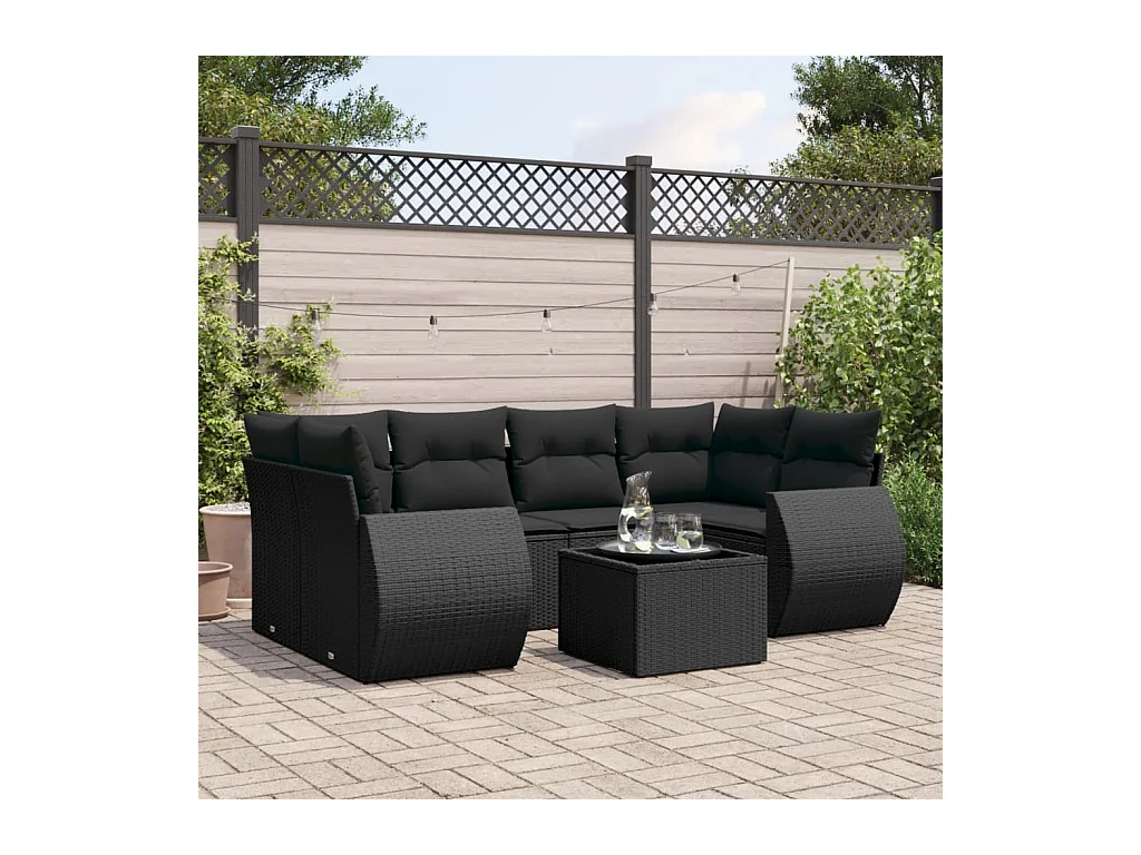 Salon de jardin 7 pcs avec coussins noir résine tressée