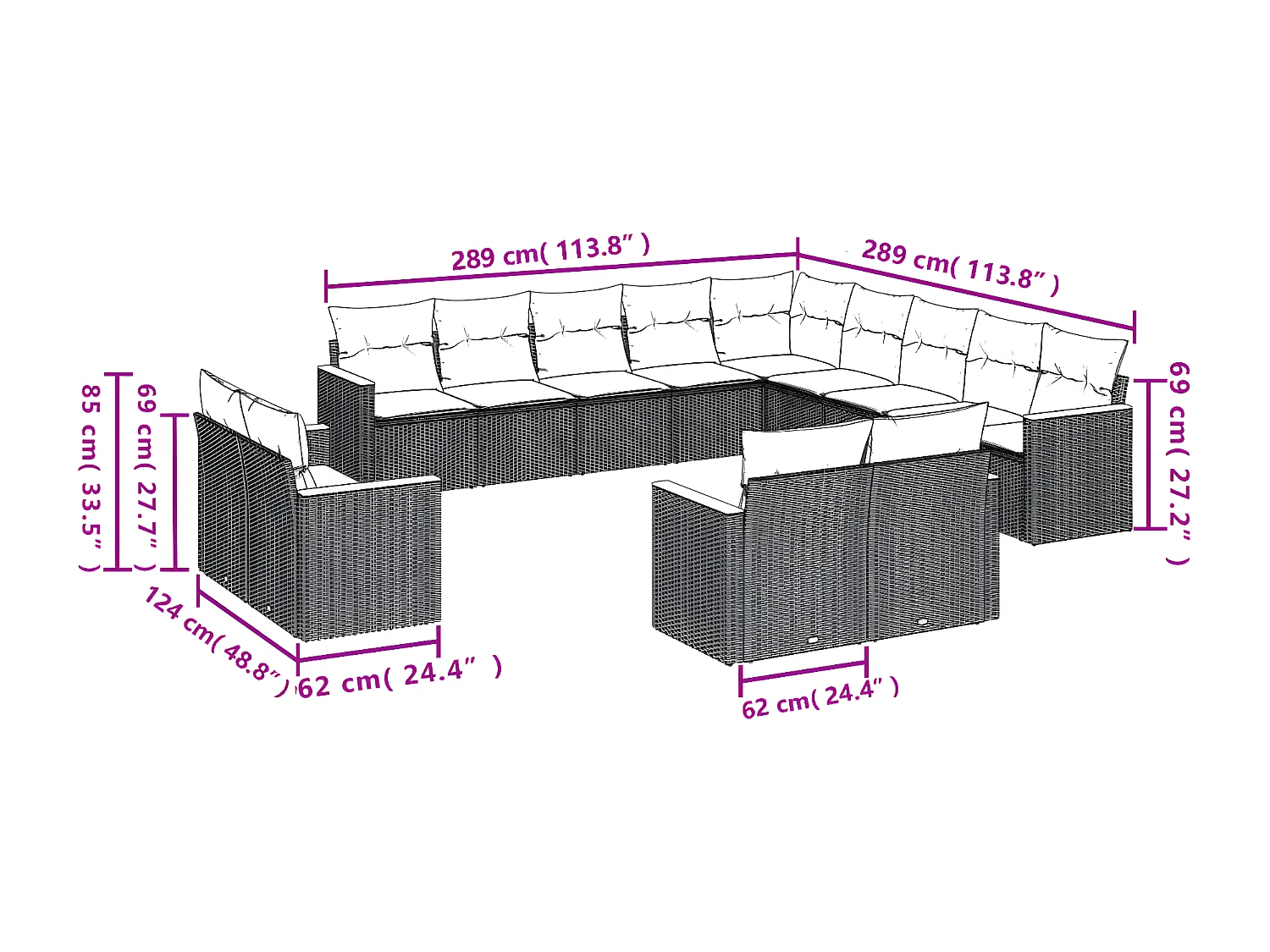 Set Divano da Giardino 13 pz con Cuscini Beige in Polyrattan