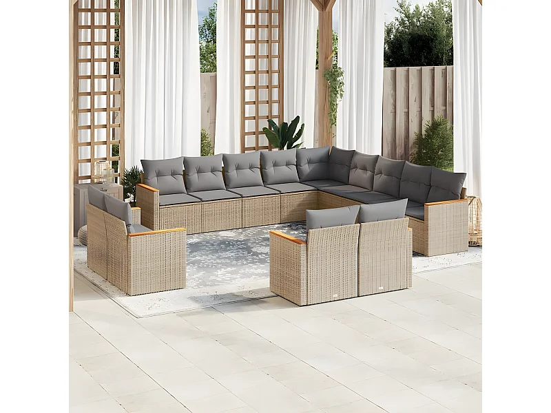 Set Divano da Giardino 13 pz con Cuscini Beige in Polyrattan