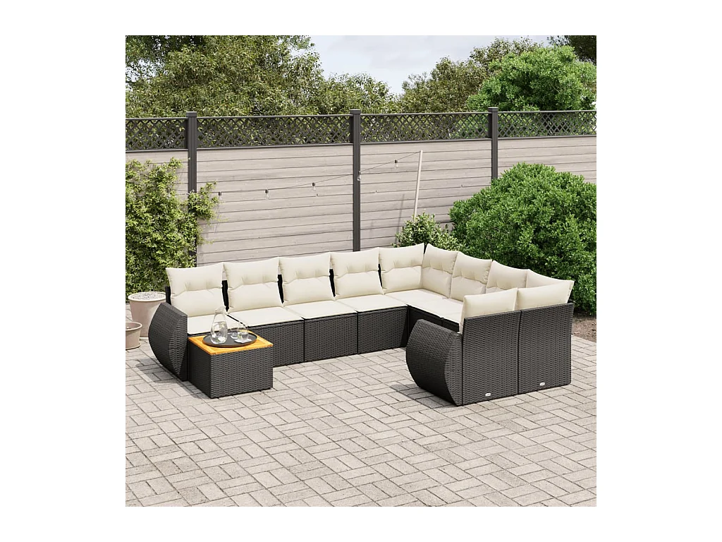Salon de jardin 10 pcs avec coussins noir résine tressée