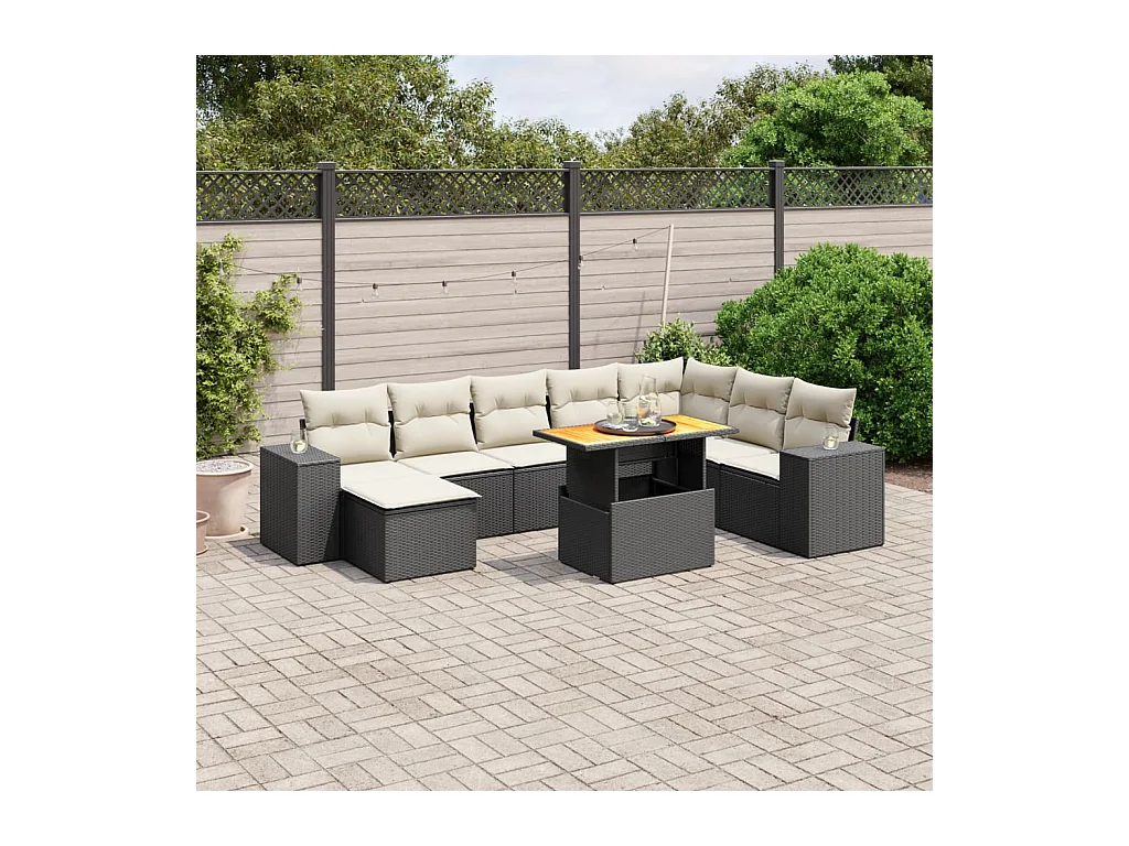 Salon de jardin 9 pcs avec coussins noir résine tressée