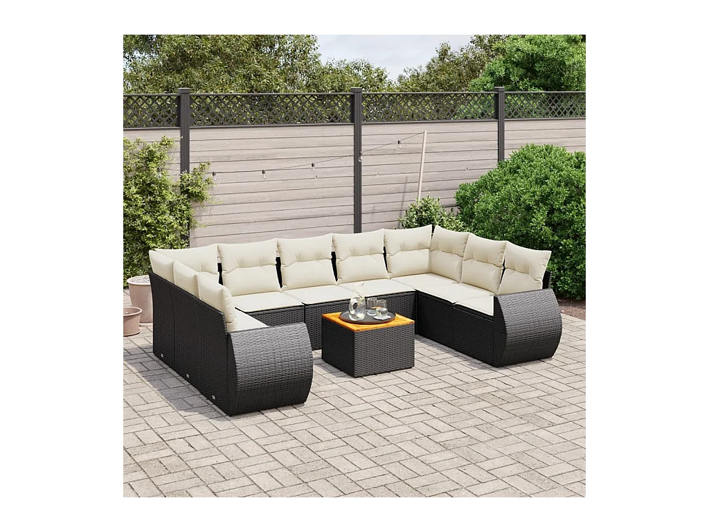 Salon de jardin 10 pcs avec coussins noir résine tressée