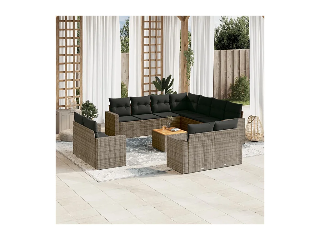 Salon de jardin avec coussins 12 pcs gris résine tressée
