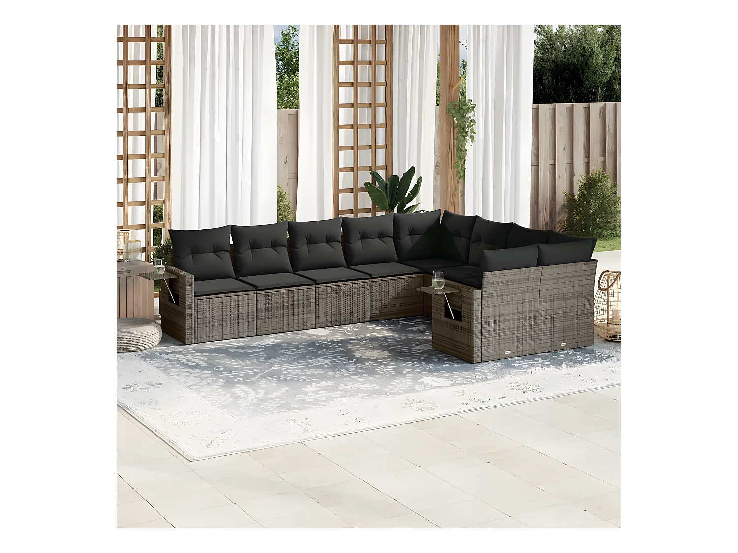Set Divano da Giardino 9 pz con Cuscini Grigio in Polyrattan