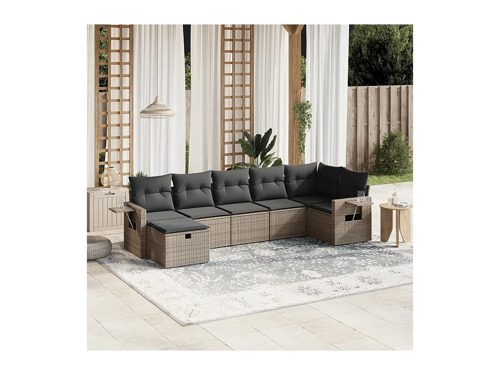 Salon de jardin avec coussins 7 pcs gris résine tressée