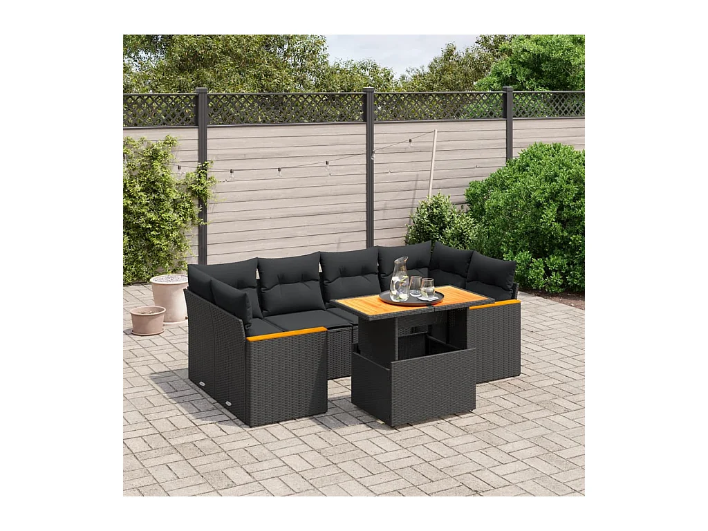 Salon de jardin 7 pcs avec coussins noir résine tressée