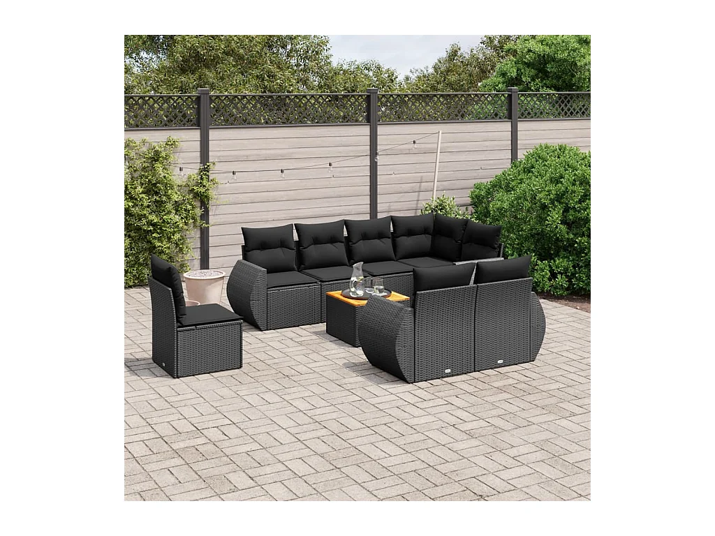 Salon de jardin 9 pcs avec coussins noir résine tressée