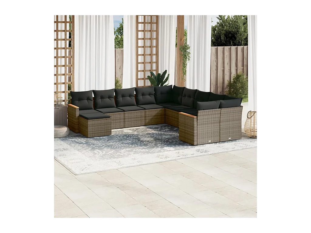 Salon de jardin 11 pcs avec coussins gris résine tressée
