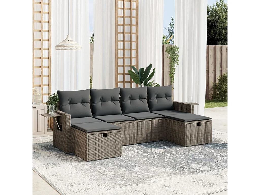 Salon de jardin 6 pcs avec coussins gris résine tressée