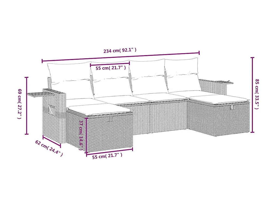 Salon de jardin 6 pcs avec coussins gris résine tressée