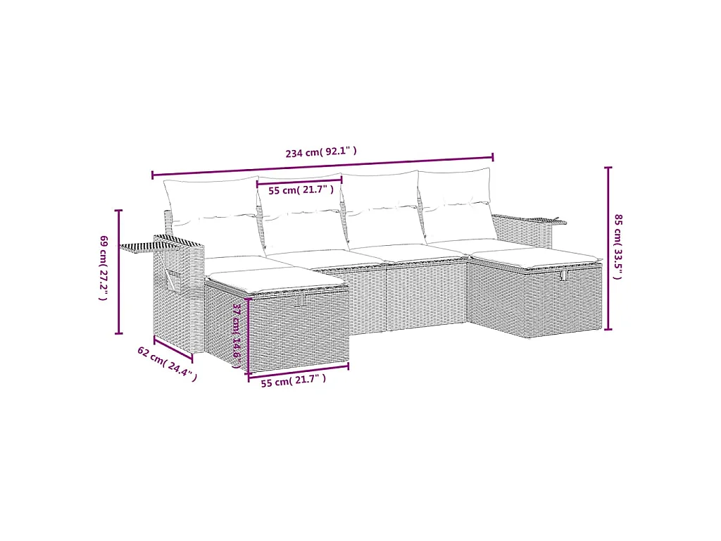 6 pcs conjunto sofás de jardim com almofadões vime cinzento