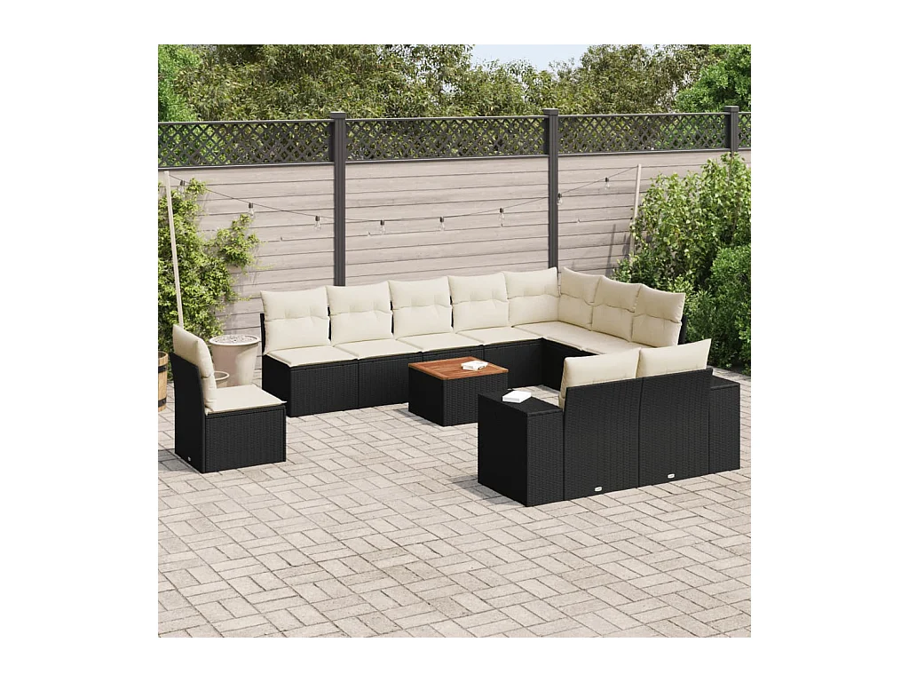 11-tlg. Garten-Sofagarnitur mit Kissen Schwarz Poly Rattan