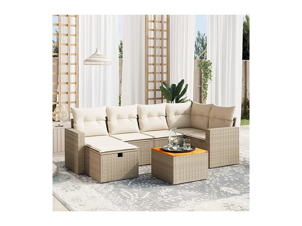 Salon de jardin avec coussins 7 pcs beige résine tressée