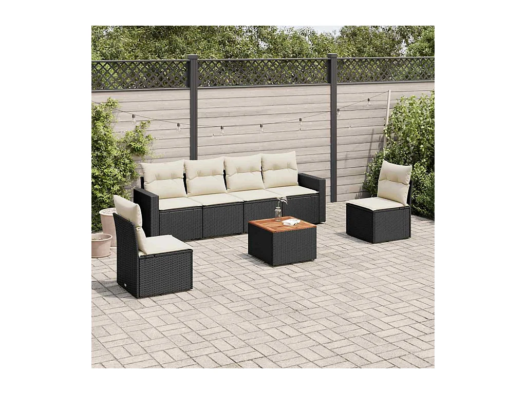 7-delige Loungeset met kussens poly rattan zwart