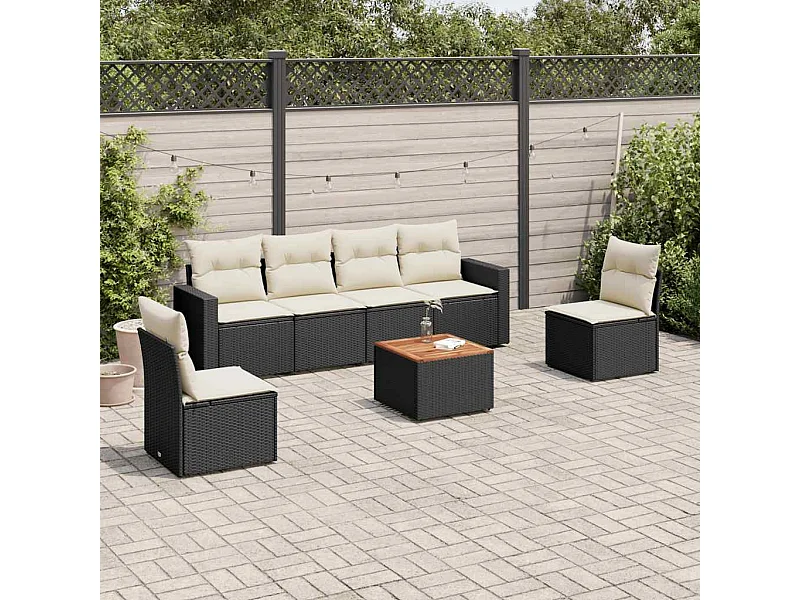 Salon de jardin 7 pcs avec coussins noir résine tressée