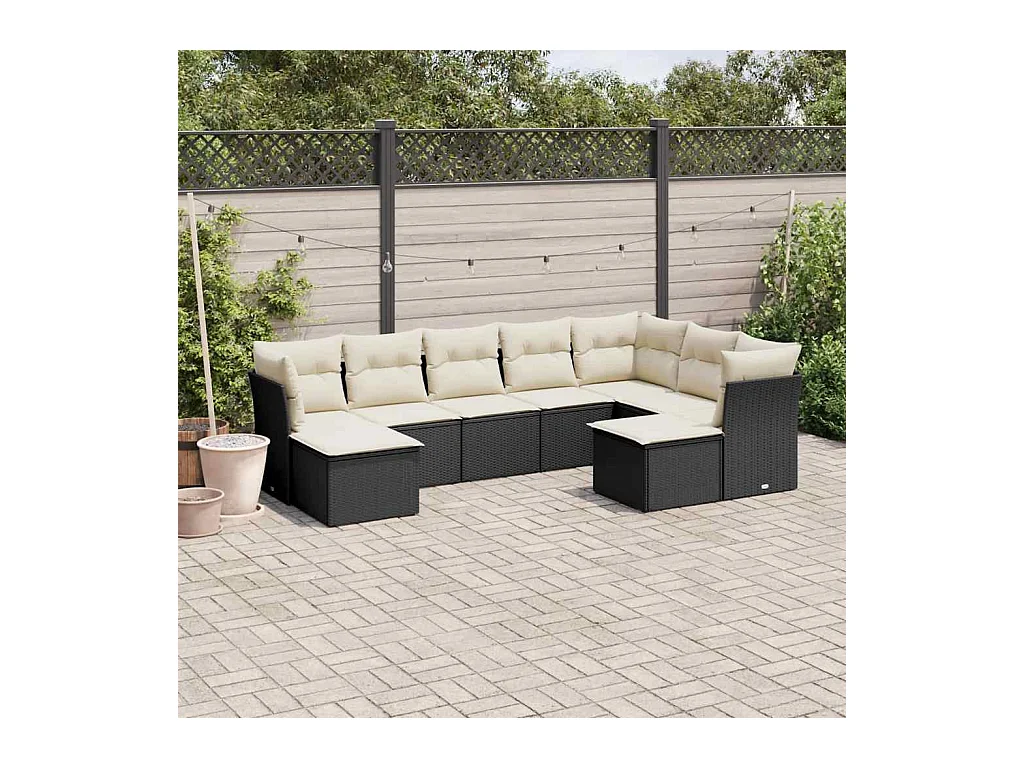 Salon de jardin 9 pcs avec coussins noir résine tressée
