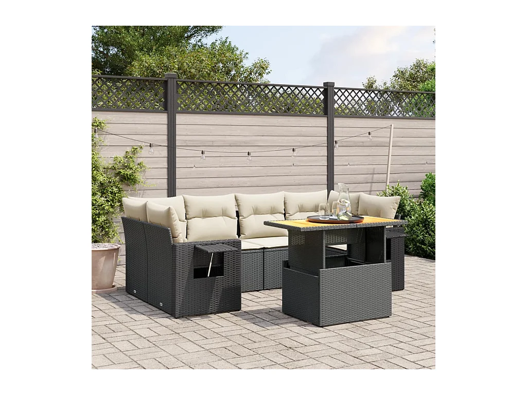 Salon de jardin 7 pcs avec coussins noir résine tressée