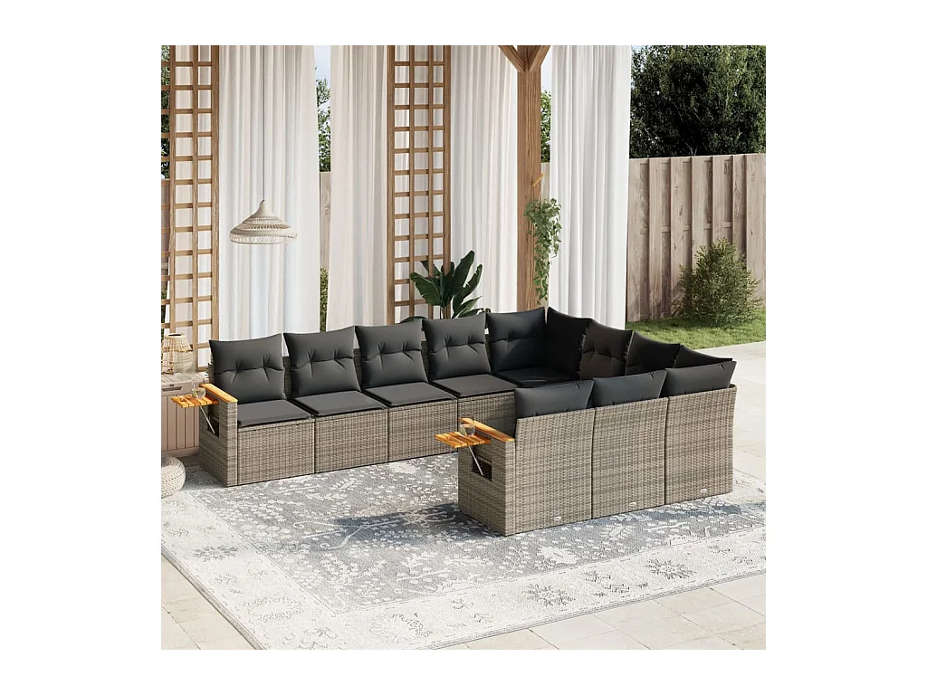 Set Divano da Giardino 10 pz con Cuscini Grigio in Polyrattan