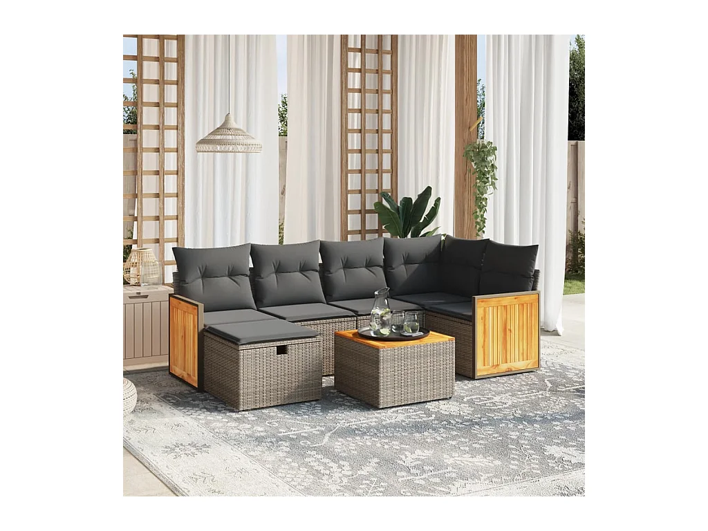 7-delige Loungeset met kussens poly rattan grijs