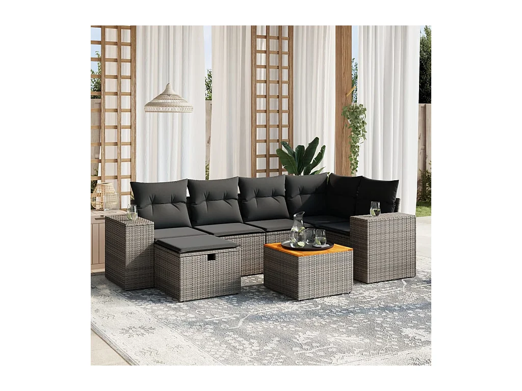Salon de jardin avec coussins 7 pcs gris résine tressée