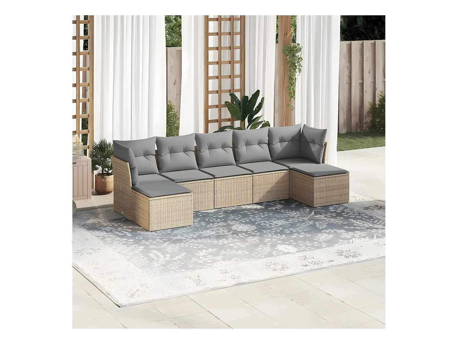 Set Divani da Giardino 7 pz con Cuscini Beige in Polyrattan