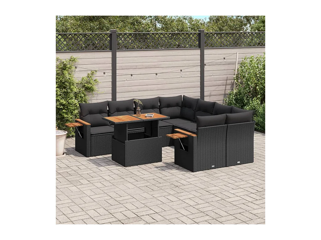 Salon de jardin 9 pcs avec coussins noir résine tressée
