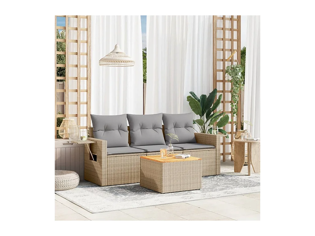 Salon de jardin avec coussins 4pcs mélange beige résine tressée