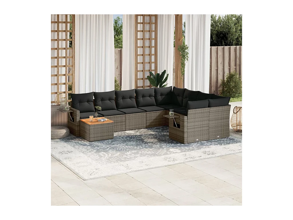 10-delige Loungeset met kussens poly rattan grijs