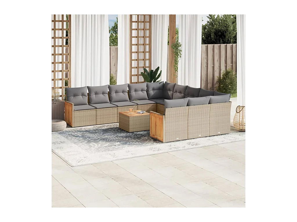Set Divano da Giardino 13 pz con Cuscini Beige Misto Polyrattan