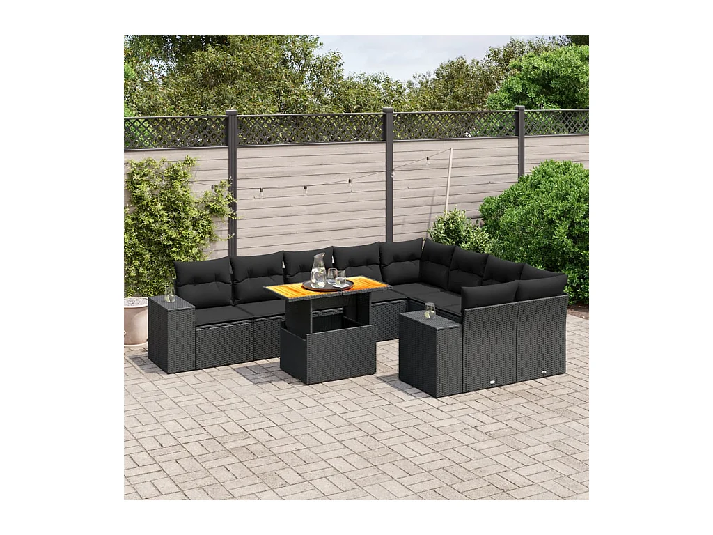 Salon de jardin 10 pcs avec coussins noir résine tressée