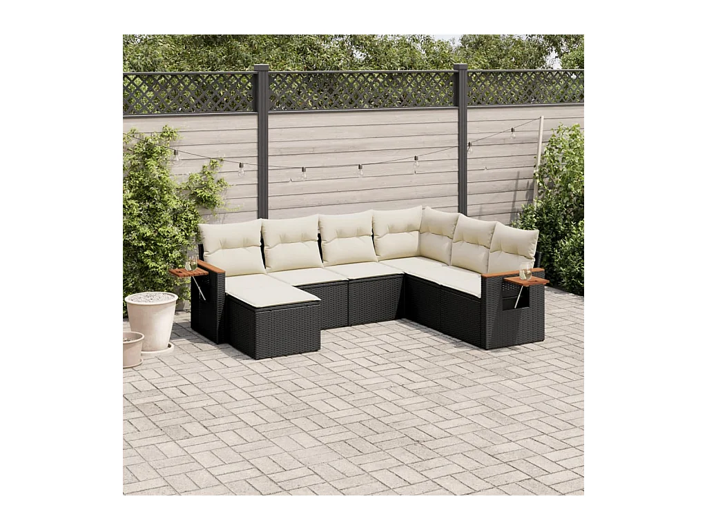 Salon de jardin 7 pcs avec coussins noir résine tressée