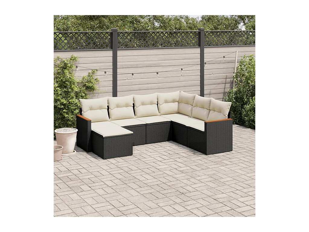 7-delige Loungeset met kussens poly rattan zwart