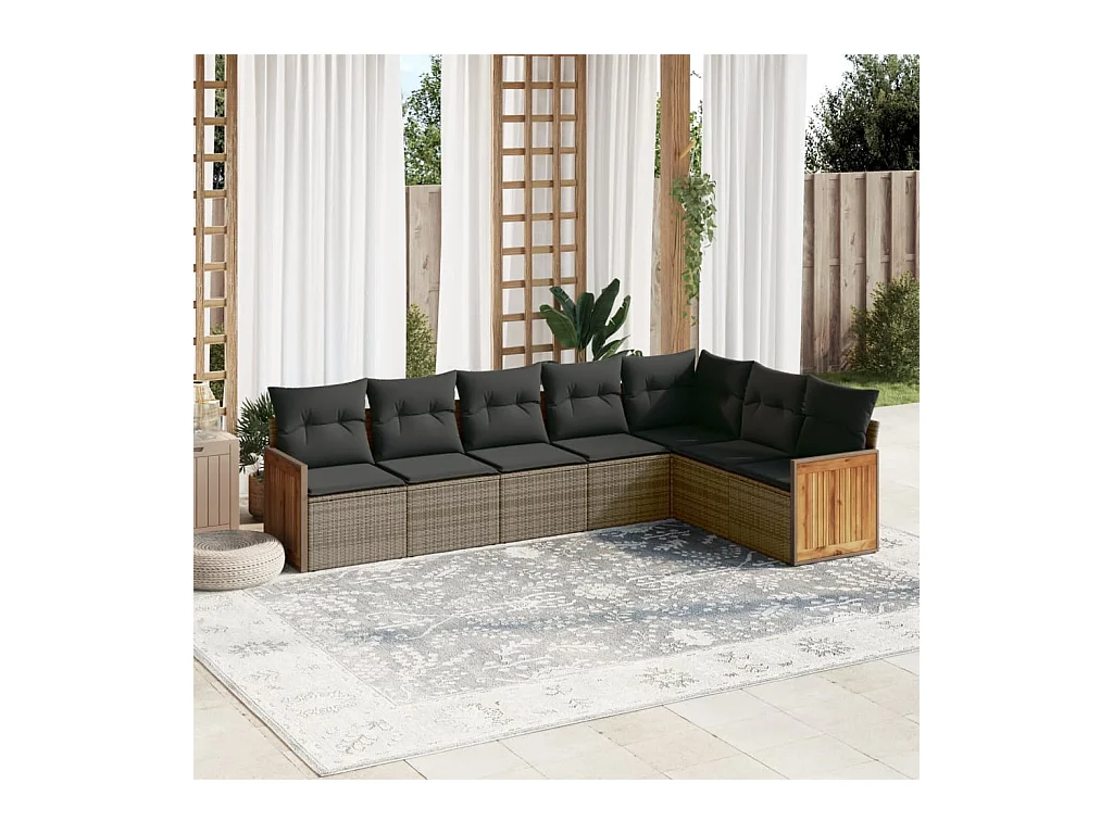 Set de sofás de jardín 7 piezas con cojines ratán PE gris